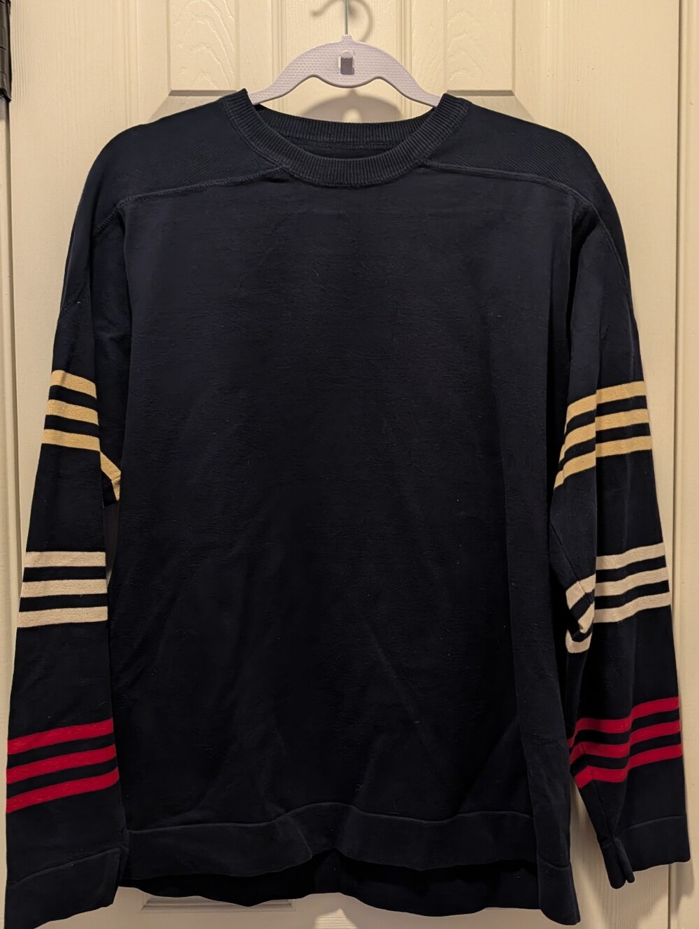 Vintage Jantzen Navy Crewneck Sweatshirt with Stripe-Accent Sleeves